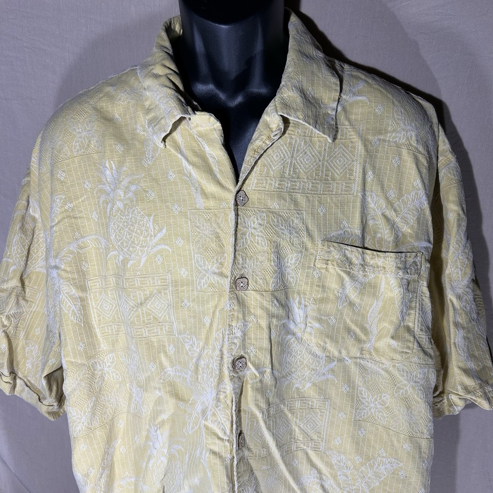 Jamaica Jaxx Mens XXL Silk Hawaiian Camp Shirt Yellow Pineapple Jacquard Button - Picture 4 of 7